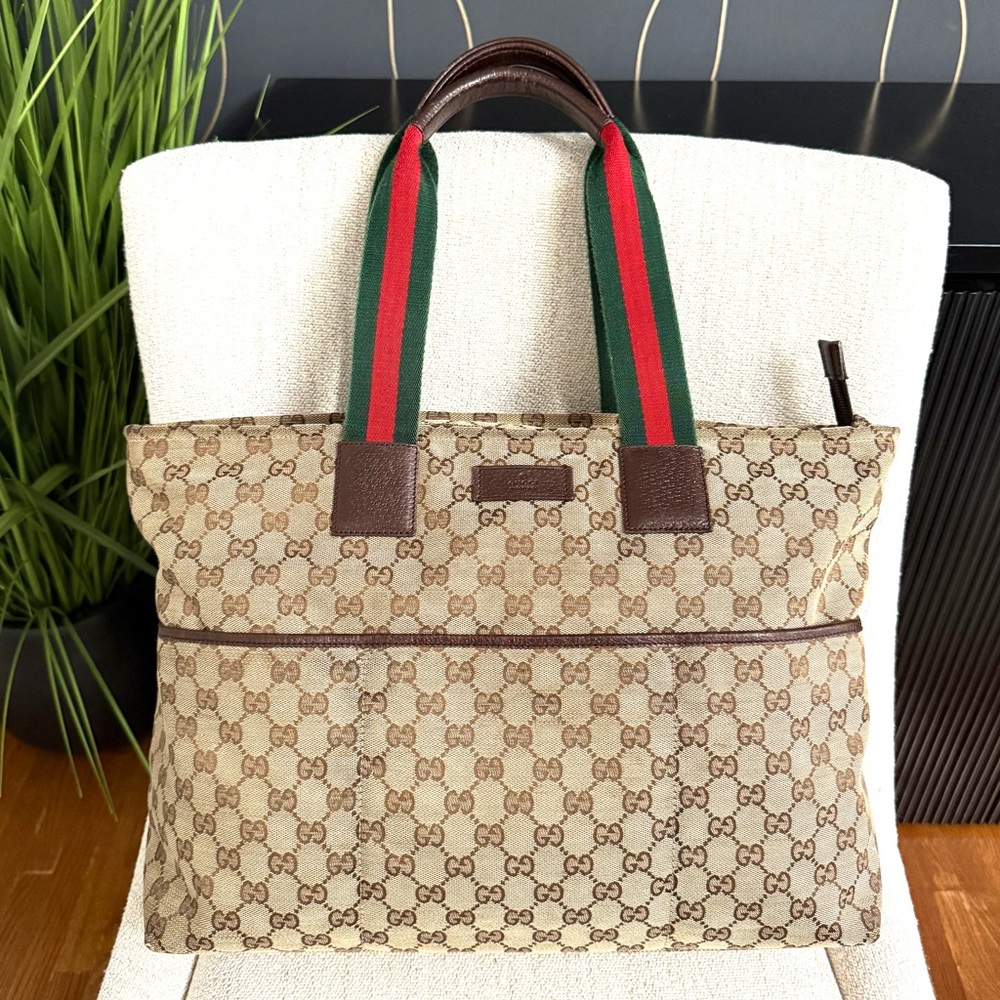 Gucci Beige and Brown Tote with Green and Red Straps